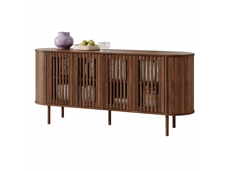  Buffet 160 x 40 x 70 cm avec 4 portes coulissantes ajourées, mdf coloris noyer, étagères réglables, pieds en métal noir  - Conforama A