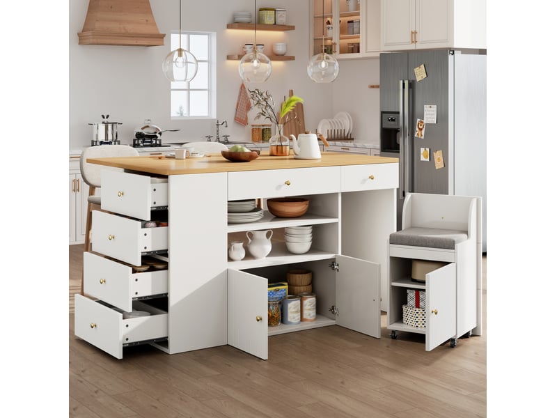  Desserte de cuisine avec 6 tiroirs, étagères et tabouret à roulettes pour cuisine, blanc, 140 × 40(70) × 89 cm  - Conforama B