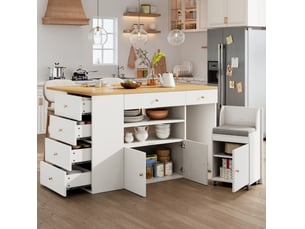 Desserte de cuisine avec 6 tiroirs, étagères et tabouret à roulettes pour cuisine, blanc, 140 × 40(70) × 89 cm
