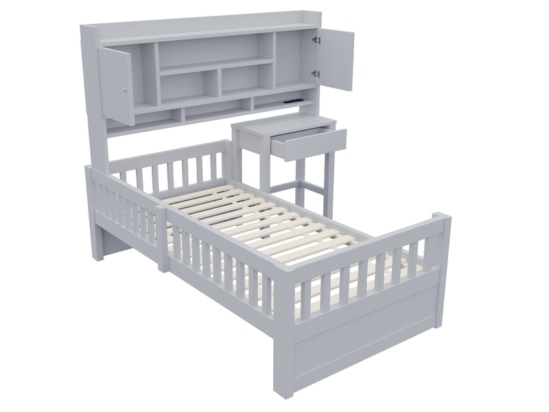 Lit multifonction enfant 90x200 cm avec bureau, rangements, led et prise bois et mdf gris sans matelas - Conforama E
