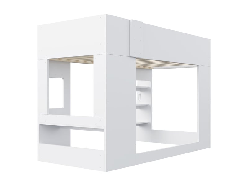 Lit mezzanine 90 × 200 cm, avec bande lumineuse, petit bureau et barrière de sécurité haute, blanc - Conforama E