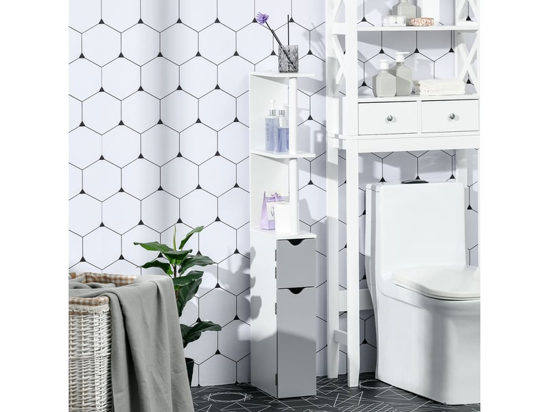  Colonne de salle de bain avec 2 étagères et 2 placards, en bois, 15,2 x 29,8 x 118 cm, blanc et gris  - Conforama D