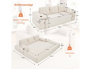 Canapé 3 places, avec fonction couchage, avec porte-gobelets, avec coussins, en velours côtelé, coloris beige, l232 x p98 x h80 cm