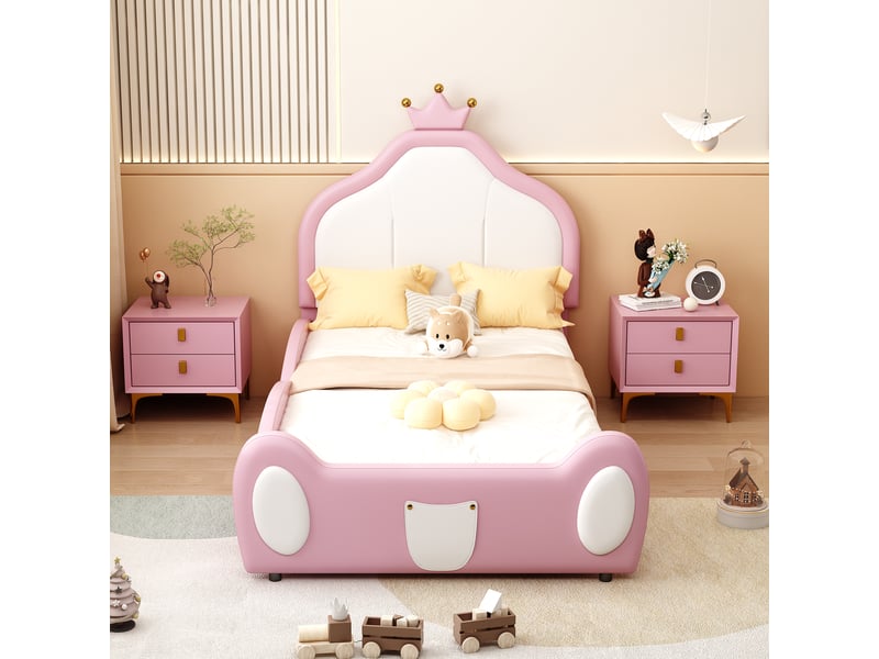  Lit enfant rembourré 90 x 200 cm avec tête de lit couronne, design bicolore, similicuir rose Fay Lum - Conforama D