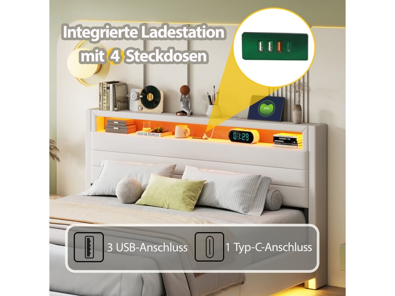 Lit coffre double 160x200 cm avec led et usb, rangement hydraulique, tête de lit réversible,lin, beige - Conforama E