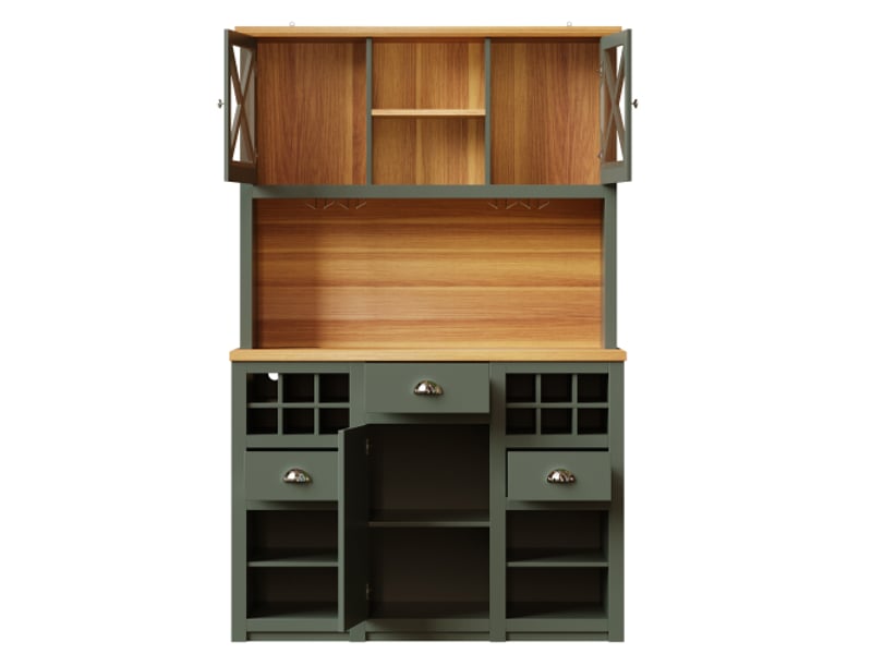 Armoire cuisine led 120x45x188 cm avec portes vitrées, cave à vin, étagères réglables, vert - Conforama A