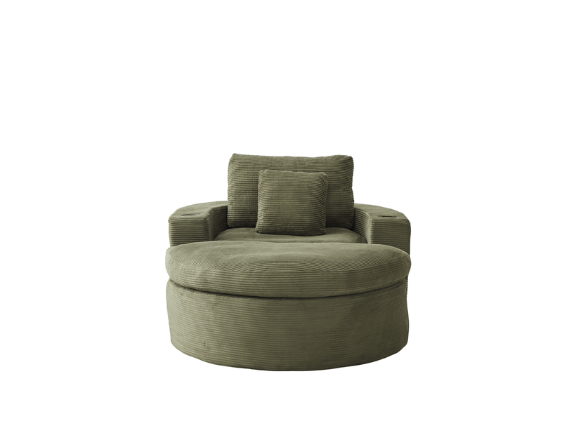 Fauteuil lounge 1 place avec repose-pieds amovible et porte-gobelet, en velours côtelé vert - Conforama E