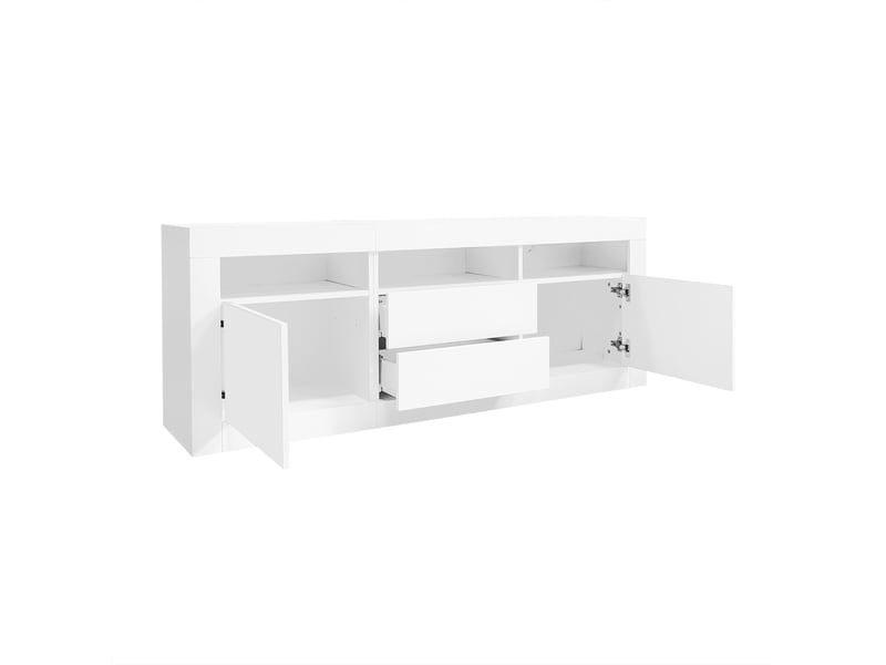 Meuble tv haute brillance 160 x 35 x 60cm avec led,3 compartiments ouverts,2 portes+2 tiroirs,contrôle intelligent de l'app,blanc Façade Brillante,avec Lumière - Conforama R