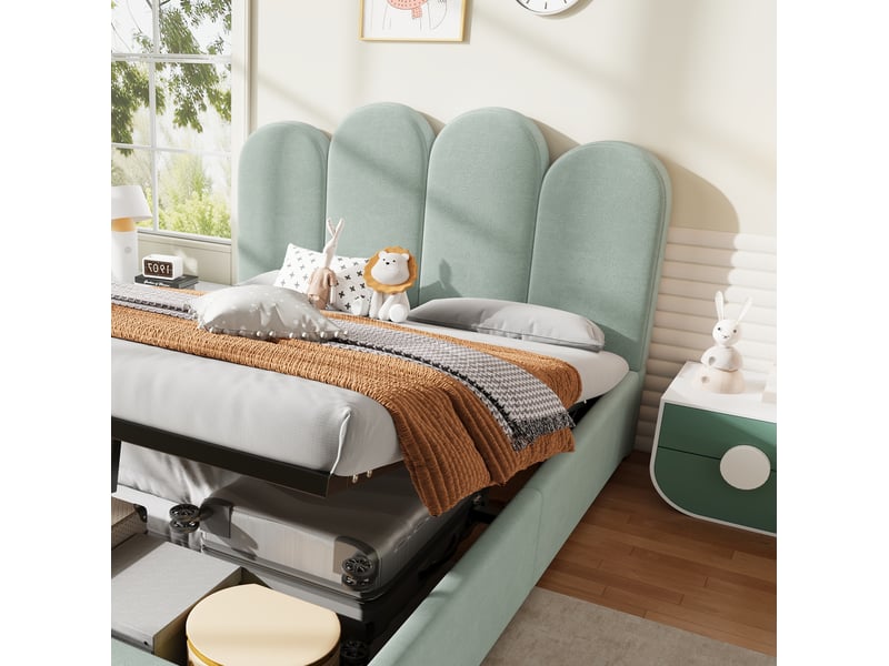  Lit double coffre 140x200 cm, relevage hydraulique, tête de lit arquée, velours, avec matelas non inclus, vert clair  - Conforama E