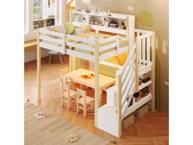  Lit superposé 90x200 cm, lit enfant, rangement, échelle sécurisée, led, bois de pin blanc et naturel  - Conforama D