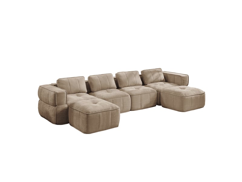  Canapé modulable en u 4 places avec 2 poufs, en polyester beige sable  - Conforama E
