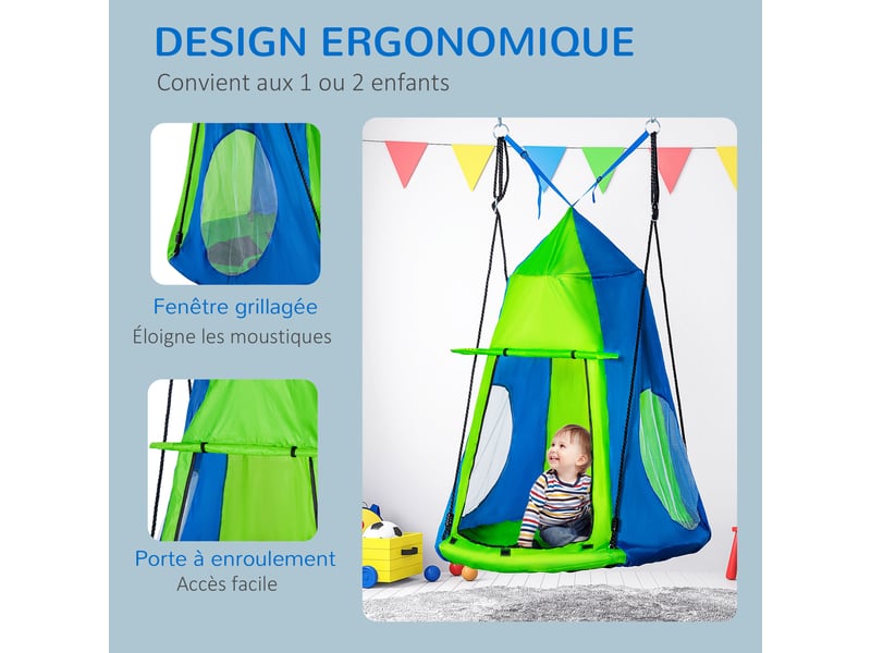  Balançoire nid d'oiseau ronde avec tente amovible ø 100 cm 4 anneaux inclus métal époxy oxford haute densité - vert et bleu  - Conforama R