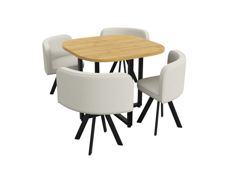  Table à manger et chaises carrée 85x74 cm, 4 places, coins arrondis, gain de place, mdf et lin, blanc et bois  - Conforama A