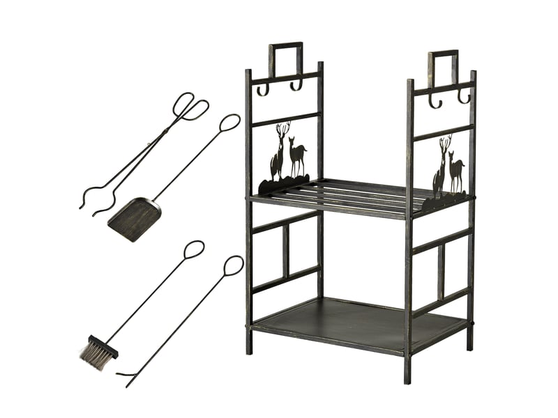  Porte-bûches en fer forgé avec accessoires, 2 niveaux, 51,5 x 33 x 77 cm, noir  - Conforama B