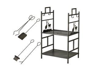 Porte-bûches en fer forgé avec accessoires, 2 niveaux, 51,5 x 33 x 77 cm, noir