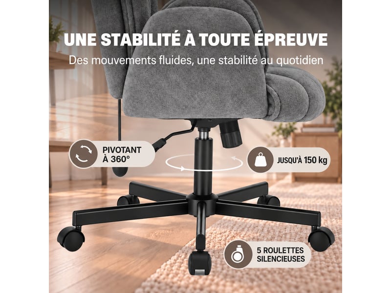 Fauteuil ergonomique tissu accoudoirs rabattables, coussin lombaire gonflable, assise large, pivot 360° 150kg-gris - Conforama D