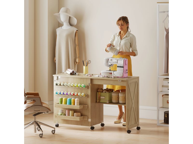 Table de couture pliable mobile 2 bacs 18 porte-bobines étagère naturel - Conforama B
