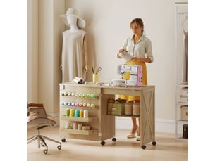 Table de couture pliable mobile 2 bacs 18 porte-bobines étagère naturel