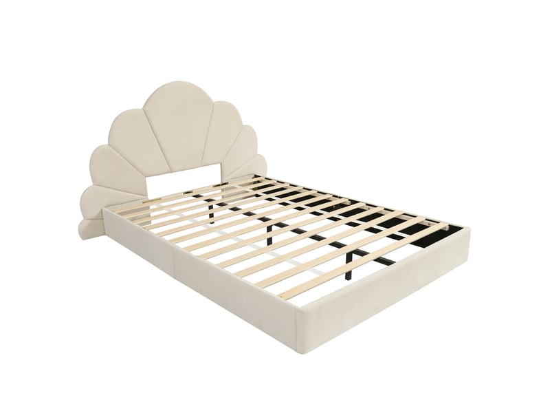  Lit enfant 140x200 cm avec tête de lit à pétales courbés, en velours beige, sans matelas  - Conforama D