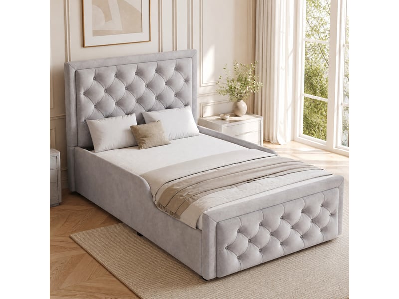  Lit coffre enfant 1 place 90×200 cm hydraulique, tête rembourrée  - sans matelas, velours gris  - Conforama C