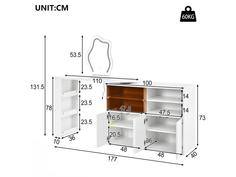 Coiffeuse pivotante 177 cm avec miroir led - bureau modulable en l, grand rangement à étagères et placards éclairés - blanc  - Conforama C