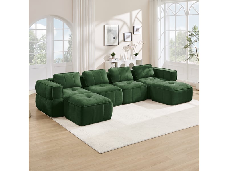  Canapé panoramique en u modulable 4 places avec 2 poufs - lpospi - accoudoirs larges, polyester vert  - Conforama B