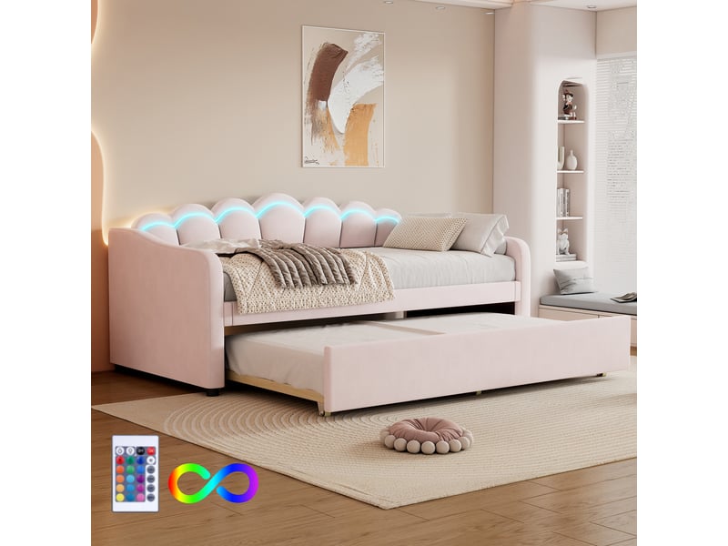  Lit gigogne 90x200 cm - lit simple avec lit tiroir et bande led - sans matelas - structure en velours confortable - rose  - Conforama E