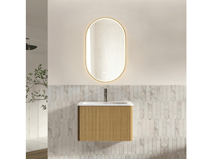 Meuble de salle de bains suspendu 61 cm avec vasque intégrée et miroir led anti-buée 50 x 80 cm, bois clair