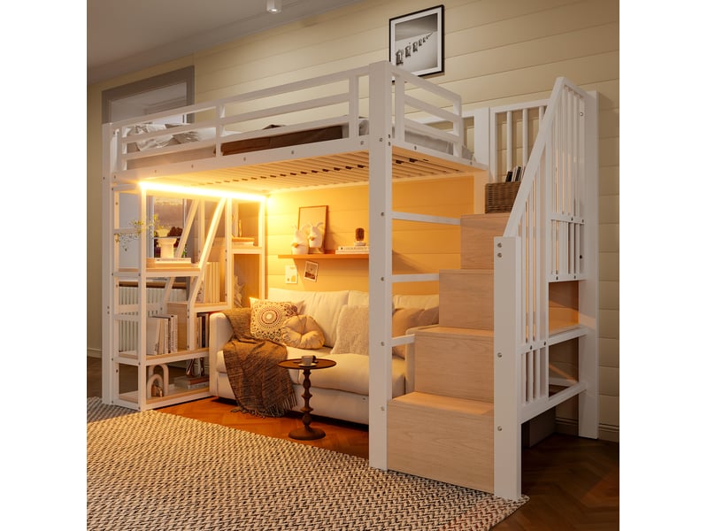  Lit mezzanine enfant 90 x 200 cm en métal et mdf blanc avec led et rangements  - Conforama B