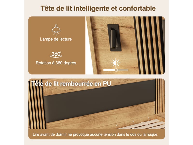  Lit double 160 x 200 cm, lit coffre, lit en bois, lit enfant, avec lampe de lecture, 2 tables de chevet, tiroirs, coloris naturel  - Conforama E