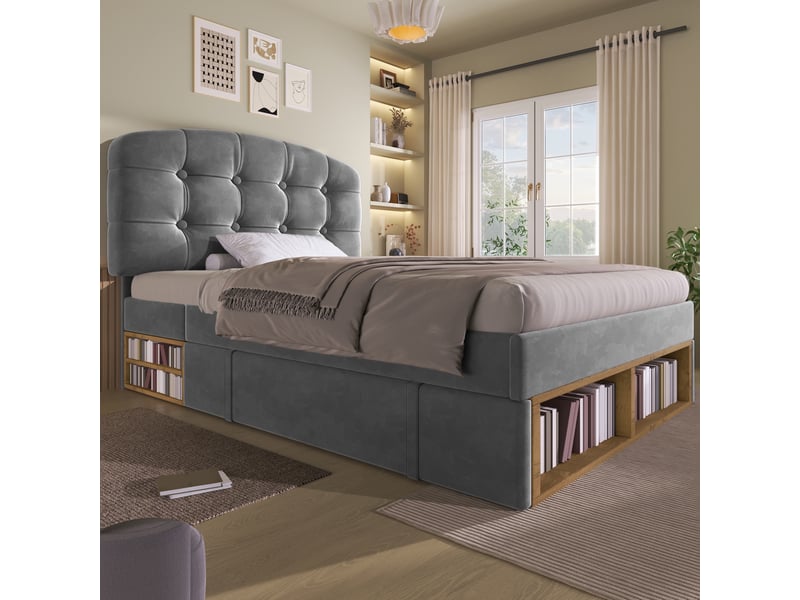  Lit simple pour enfant, avec tête de lit incurvée à hauteur réglable, tiroirs et espaces de rangement, en velours, gris - 90 x 200 cm  - Conforama E