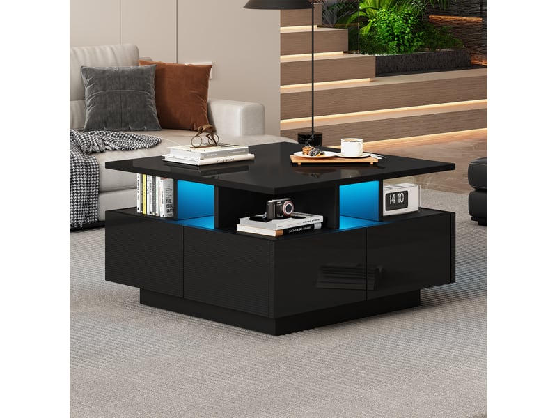  Table basse carrée noir avec 4 tiroirs - 70x70 cm led panneau de particules table basse noir - Conforama D
