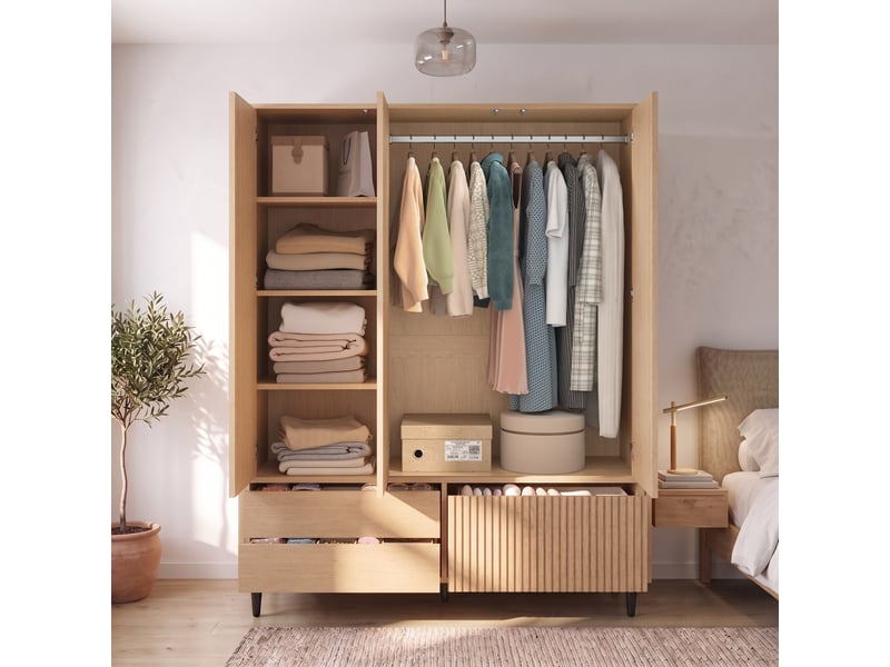 Armoire de chambre 135 x 45 x 200 cm, avec 3 portes et miroir, 3 tiroirs, 1 penderie, 4 compartiments, chêne - Conforama B