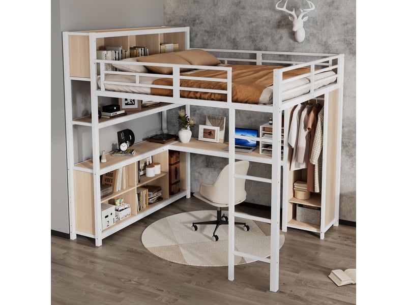  Lit mezzanine 140x200 cm avec bureau, armoire et rangements intégrés, structure métal et bois, lit surélevé avec échelle - blanc  - Conforama E