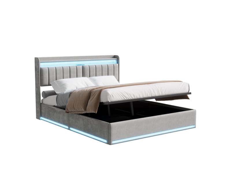 Lit coffre 140x200cm - lit double 140x200 - cadre de lit avec led rgb, tête de lit avec rangement, prise usb type-c - velours gris - Conforama A