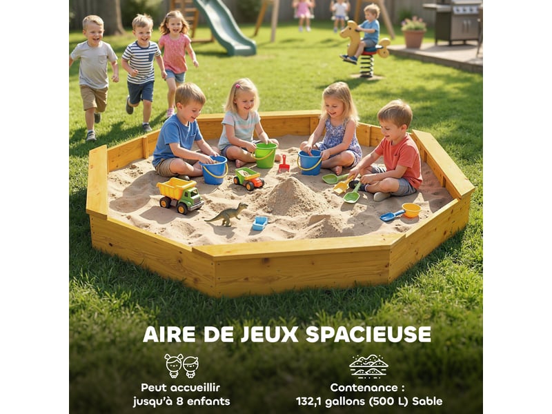  Bac à sable en bois avec auvent, bac à sable enfant extérieur avec 4 bancs, doublure de fond, jaune  - Conforama D