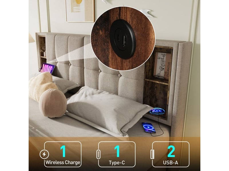  Lit double - truxen8 - charge sans fil usb c - rangement - sommier à lattes - lin naturel  - Conforama B