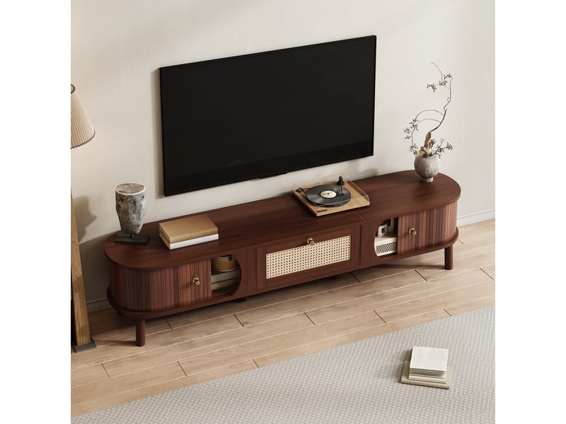  Meuble tv bois massif et rotin 170 cm avec portes coulissantes et tiroirs, style rustique naturel  - Conforama W