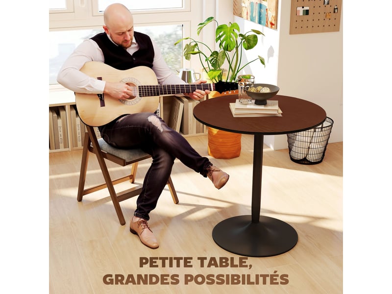  Table à manger ronde 70 cm pour 2 personnes avec plateau en placage de massif bois et piétement en acier marron  - Conforama W