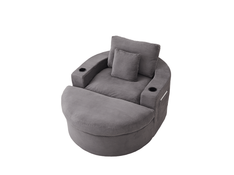  Fauteuil relax rond avec repose-pieds, rangement et porte-gobelet, gris  - Conforama D