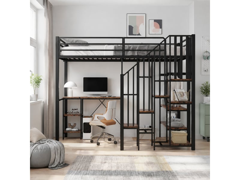  Lit mezzanine 120x200 cm avec bureau et penderie ouverte noir et bois vintage  - Conforama B