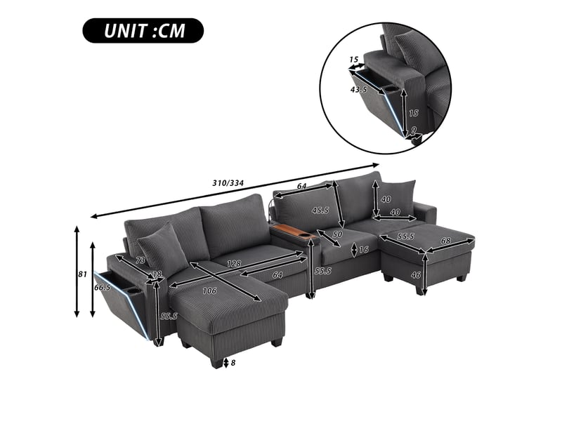  Canapé panoramique en u velours côtelé gris, 4 places avec 2 poufs de rangement &amp; ports usb, accoudoirs led et lampe pour grand salon  - Conforama C