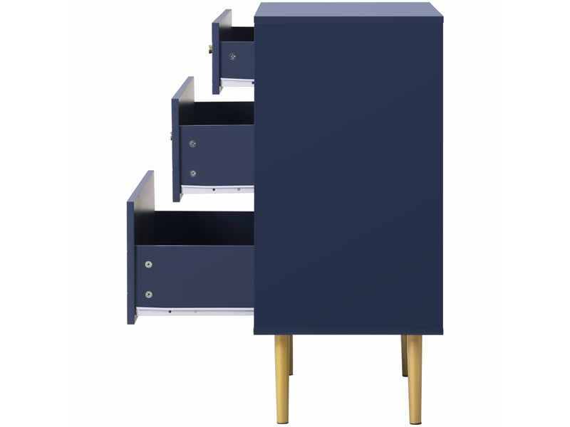  Buffet 75x40x89 cm, commode 3 tiroirs, plateau motif écailles, glissières qualité, aggloméré + métal, bleu marine  - Conforama E