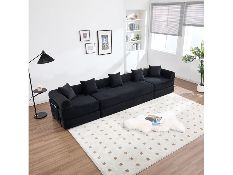 Canapé d'angle 4 places moderne 270x180x64 cm, stockage, poches, modulable à volonté, en velours côtelé, noir - Conforama E