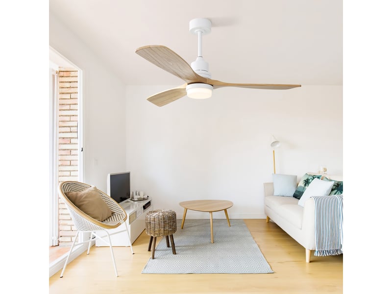  Ventilateur de plafond 132cm led dimmable-6 vitesses 3 pales bois moteur dc réversible silencieux télécommande-métal et bois-blanc BUBBLY - Conforama D