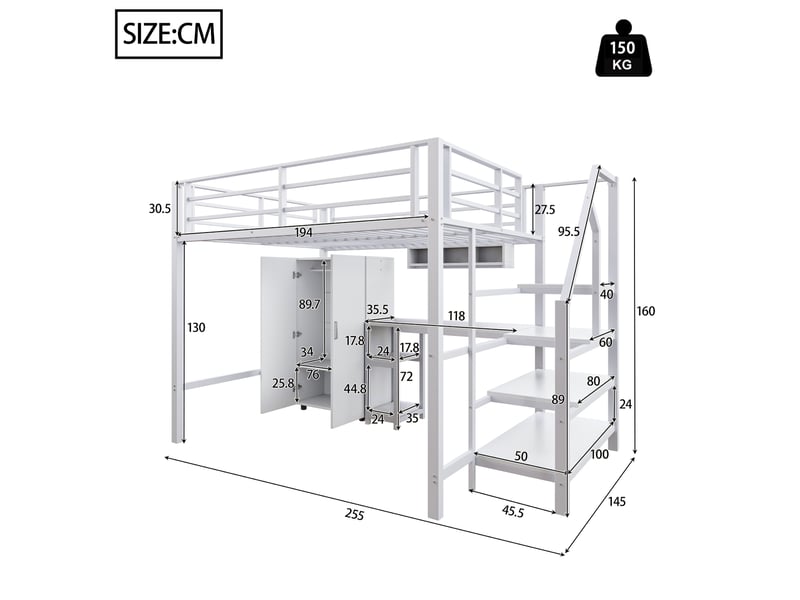Lit mezzanine enfant 140x200 cm avec armoire, bureau et rangements, coloris blanc - Conforama C