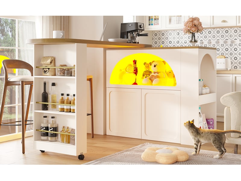  Table a manger extensible avec rangement (135-205×39×100 cm, table de bar mobile, table de bar avec led, îlot de cuisine, blanc  - Conforama R