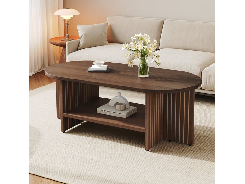  Table basse ovale avec étagère inférieure, design rainuré, en mdf noyer pour salon, 100 × 40 × 35 cm  - Conforama C
