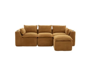 Canapé modulaire 3 places avec pouf en velours côtelé orange