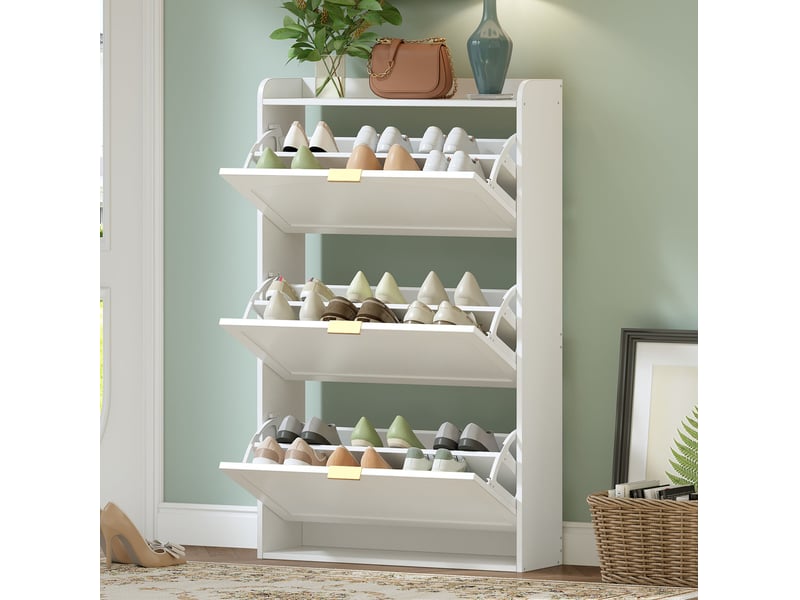  Meuble à chaussures avec 3 abattants, rangement compact pour entrée, en panneau de particules blanc 76 × 23 × 118 cm  - Conforama C